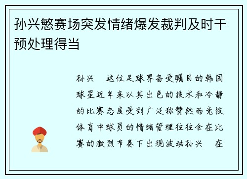孙兴慜赛场突发情绪爆发裁判及时干预处理得当
