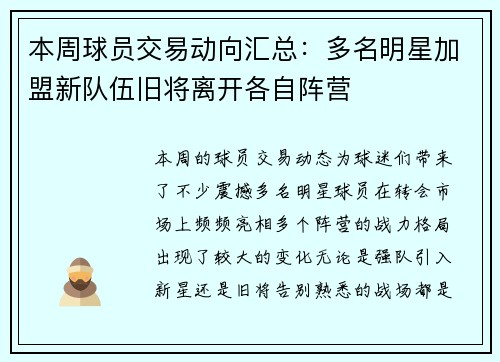 本周球员交易动向汇总：多名明星加盟新队伍旧将离开各自阵营